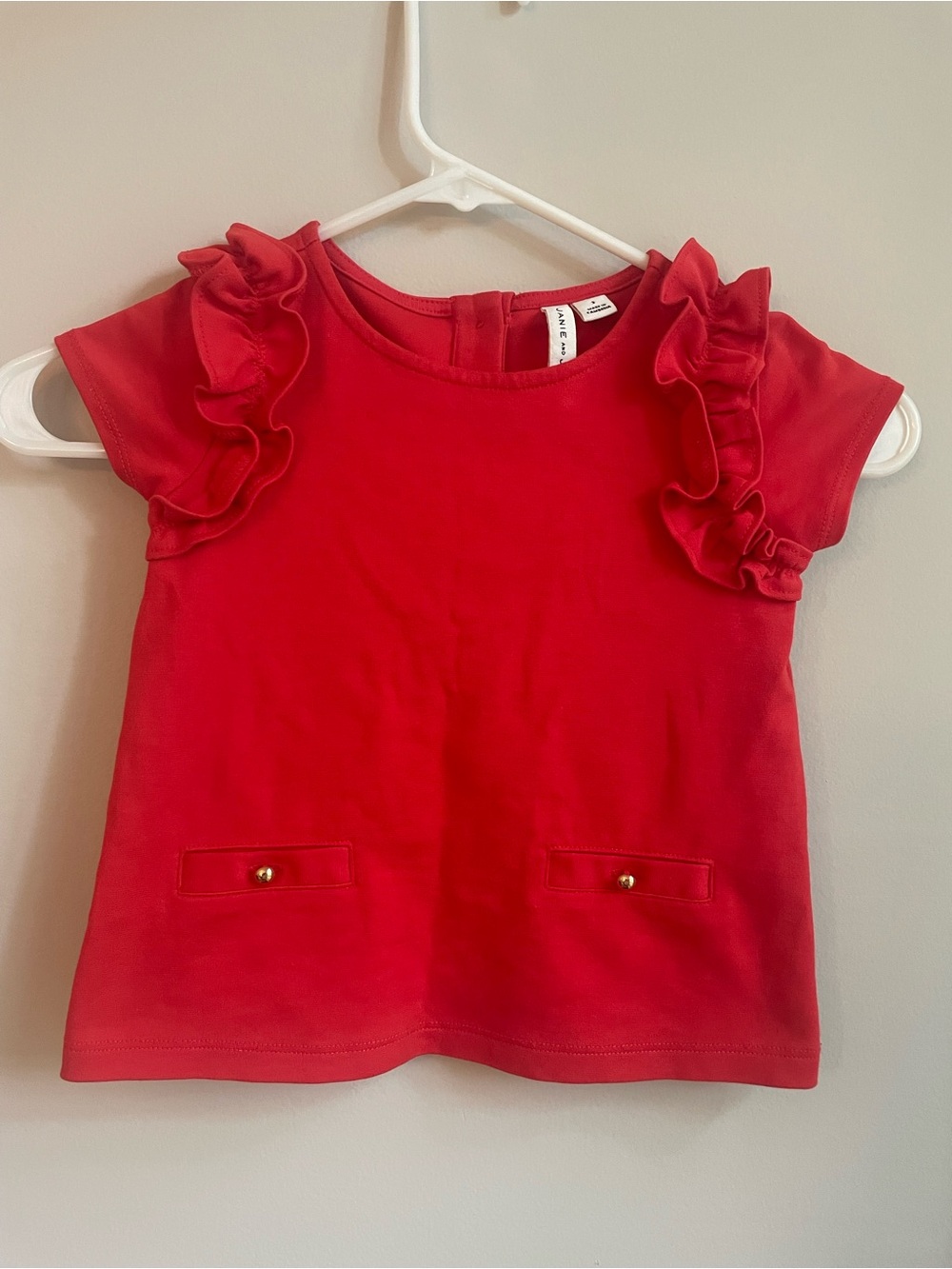 Janie and Jack Girls Red Knit Top Ruffle Button Short Sleeve Sz 3